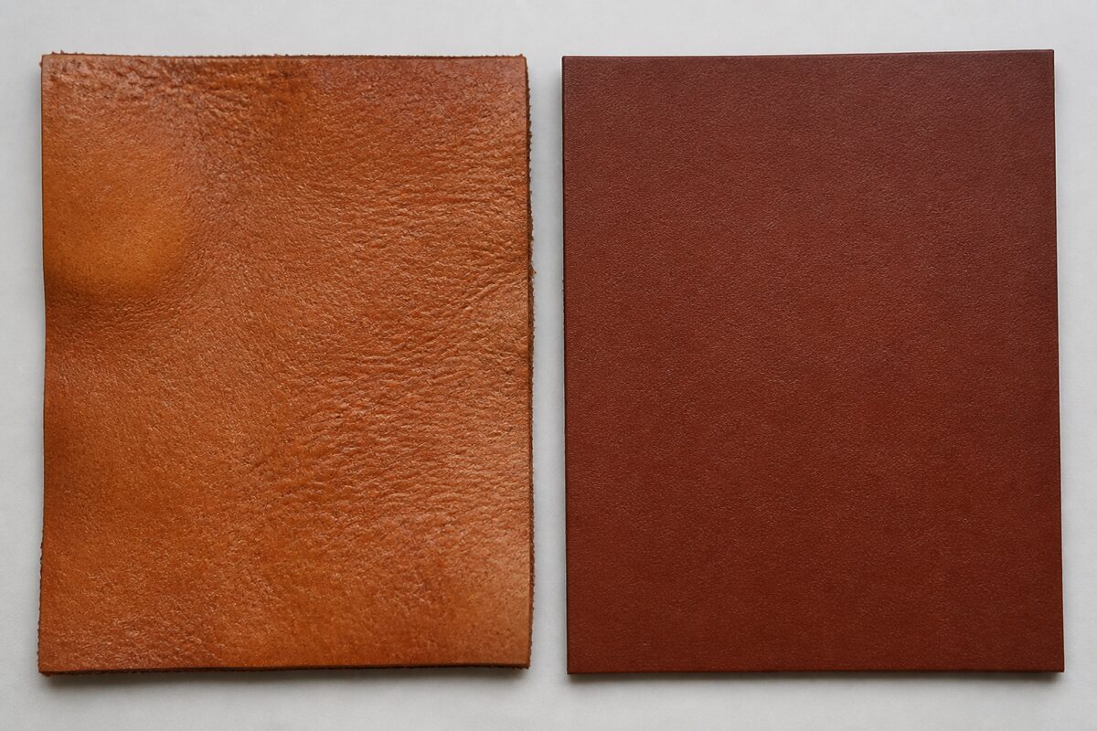 Two brown leather samples comparing visible natural grain with a uniform pigmented surface