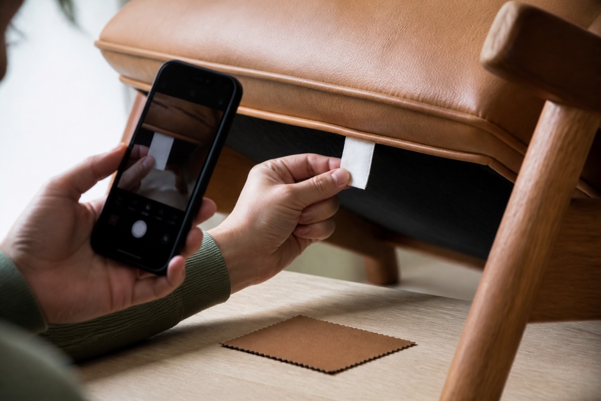 Owner photographing a blank care tag beneath a tan leather chair while comparing a material swatch