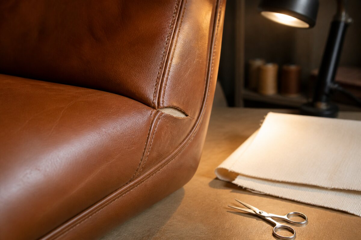 Leather cushion, folded cloth and neutral care bottle on a pale worktop