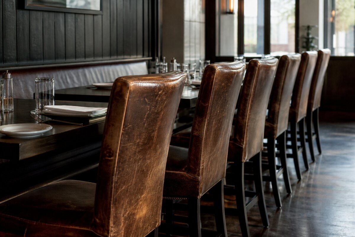Row of well-used brown leather dining chairs in a hospitality interior