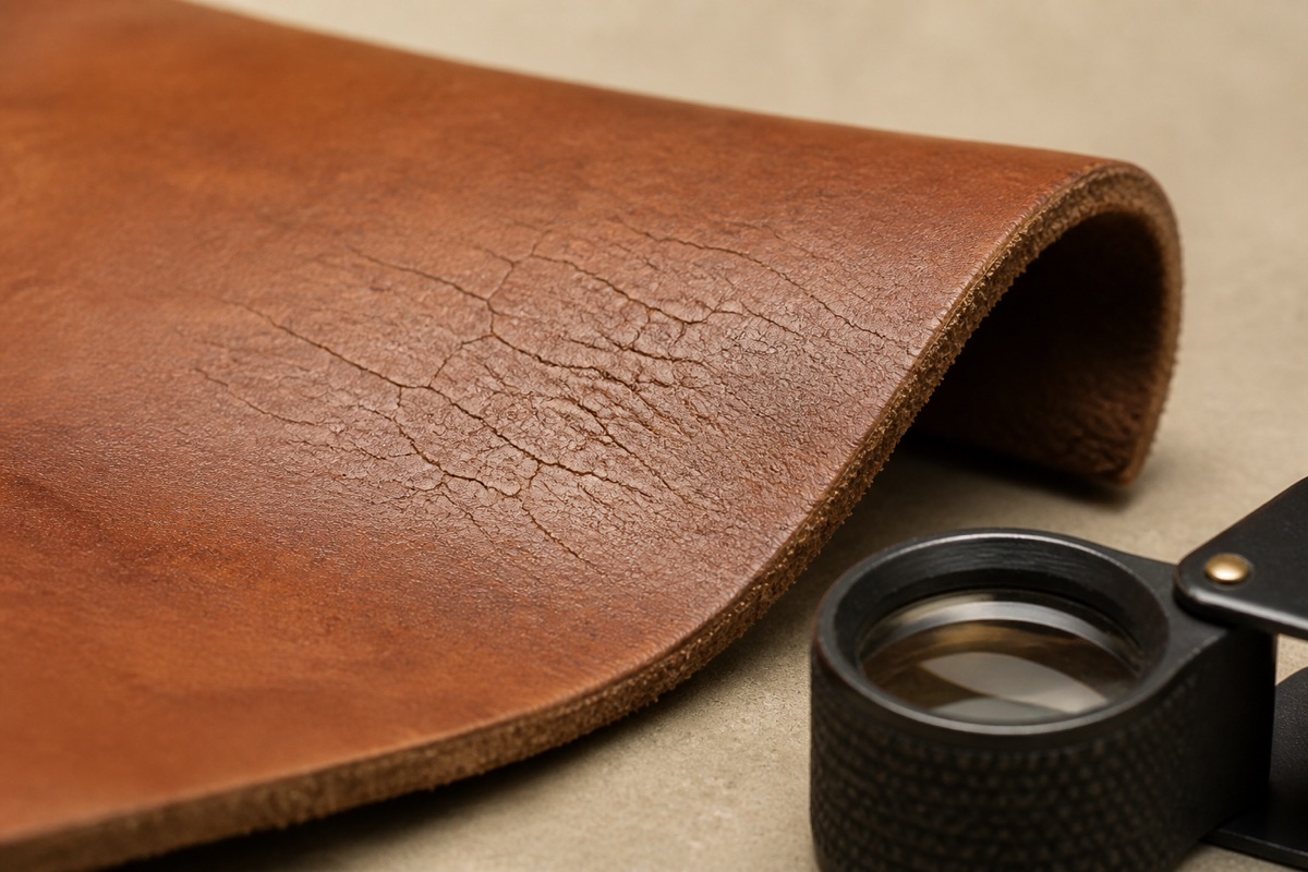 Curved cognac leather sample with fine coating cracks under a magnifier and an intact edge