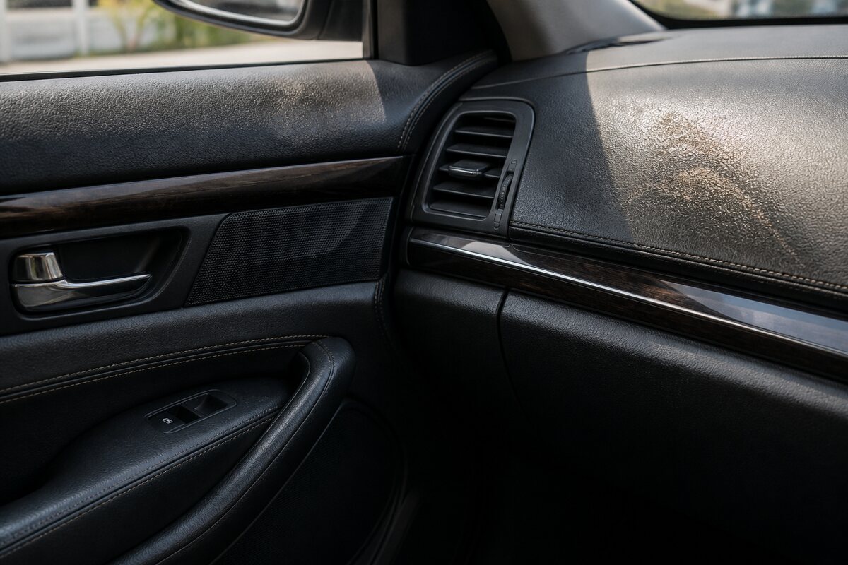 Vehicle dashboard and door panel showing different sun, heat and touch wear patterns