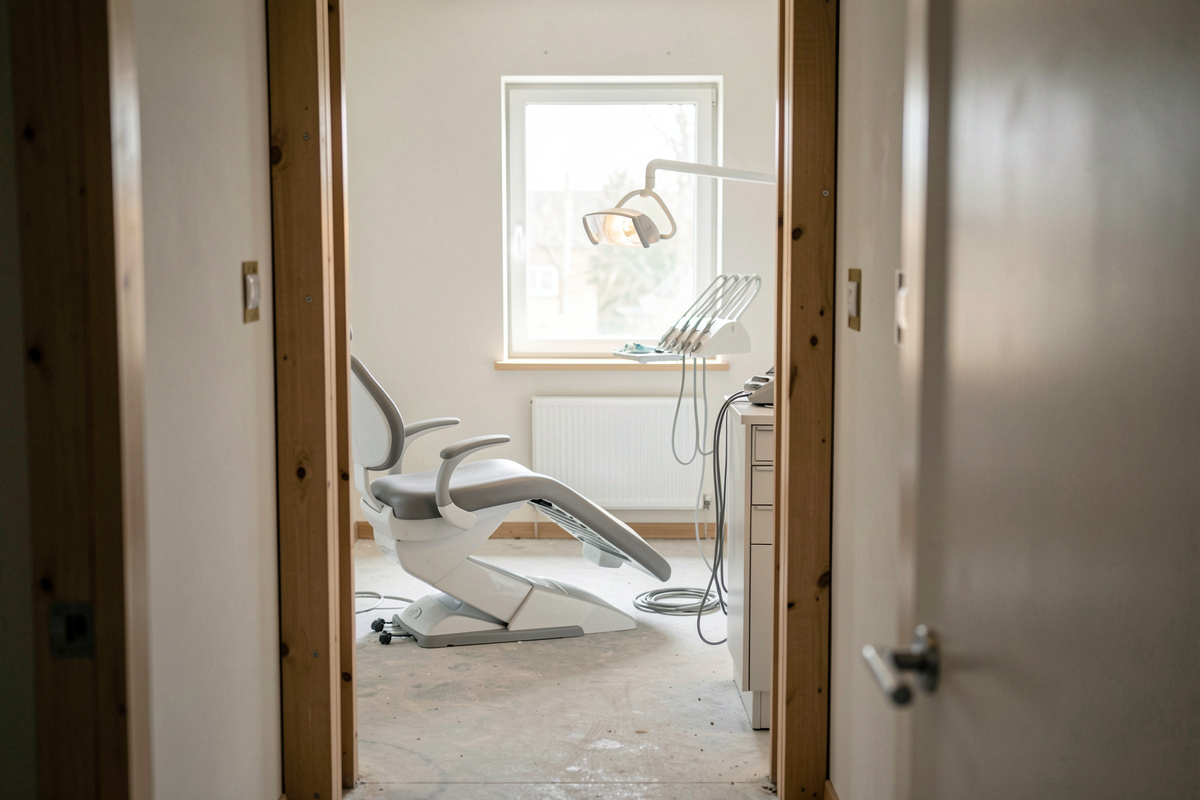 A dental treatment room under construction, seen from the corridor doorway, with an uninstalled chair base on the floor and daylight from a window.