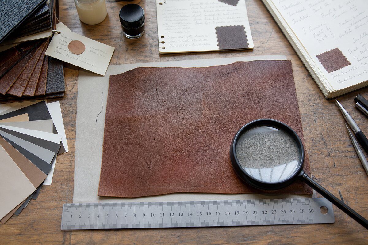 Leather sample, loupe, ruler and color cards on a diagnostic workbench