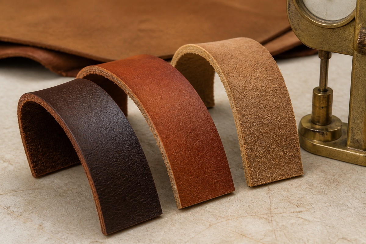 Three curved leather strips revealing grain surfaces and fibrous split edges beside a brass gauge