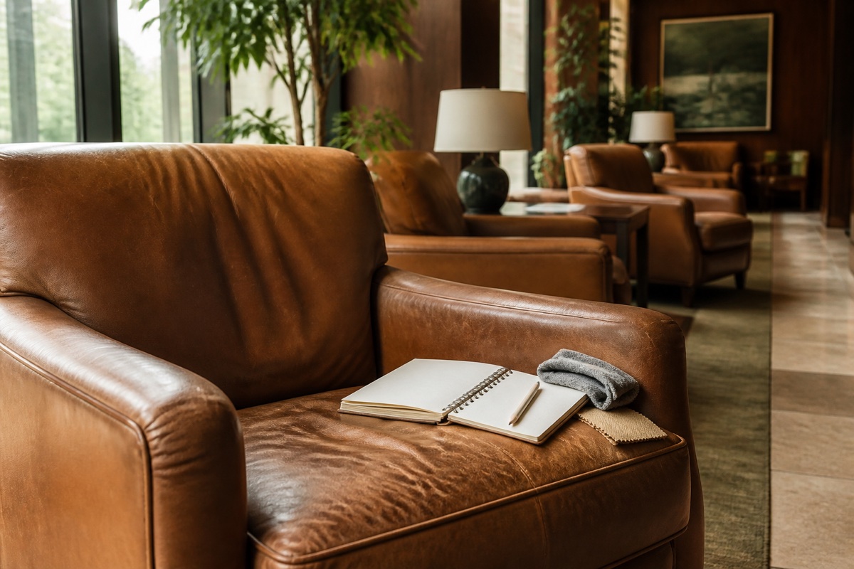 Worn cognac leather lounge chair with a blank inspection notebook, pencil and cloth on its arm