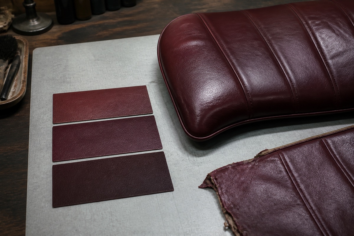 Burgundy leather swatches beside an intact seat panel and a separate panel with a weak missing edge