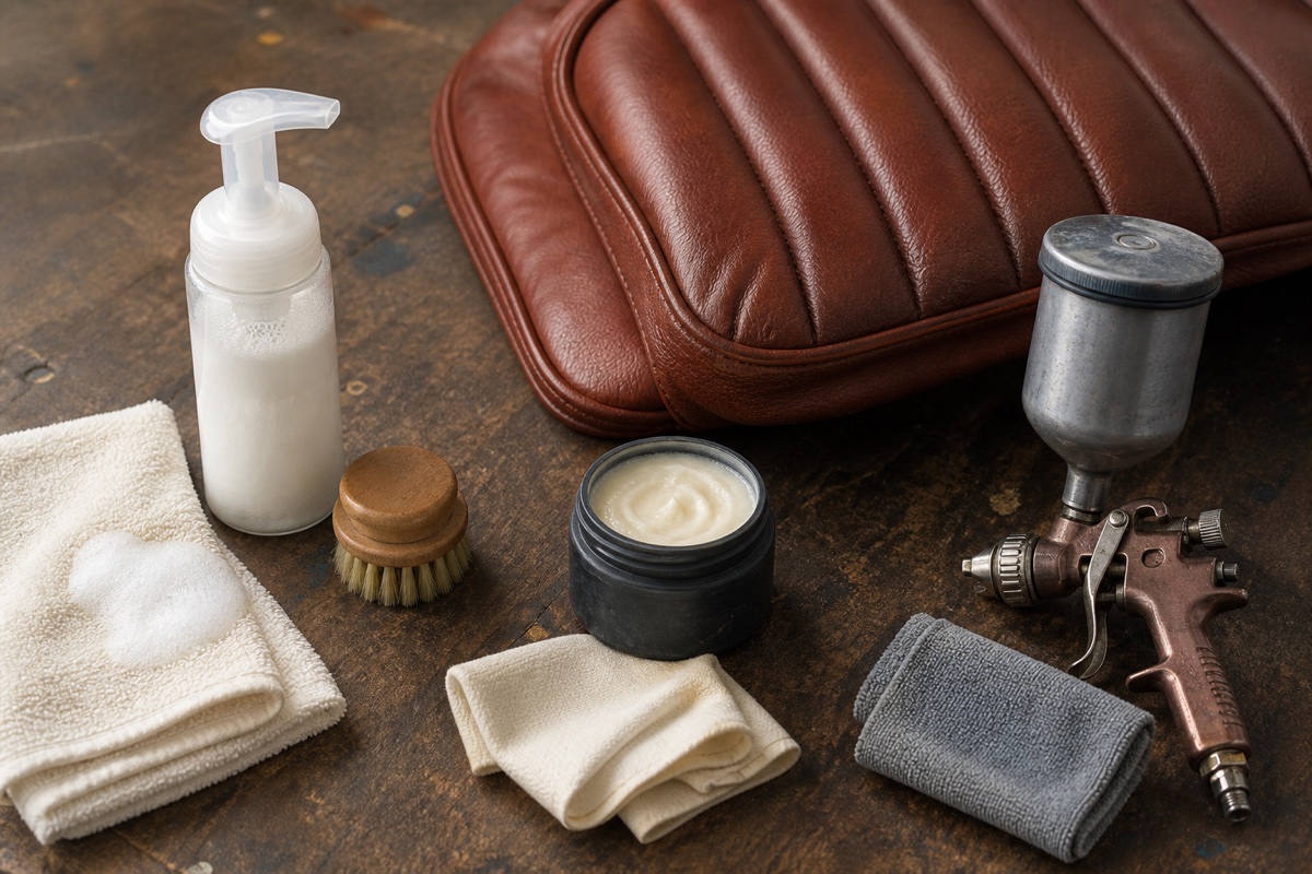 Unlabeled cleaner pump, conditioning cream and finish spray equipment beside a leather sample