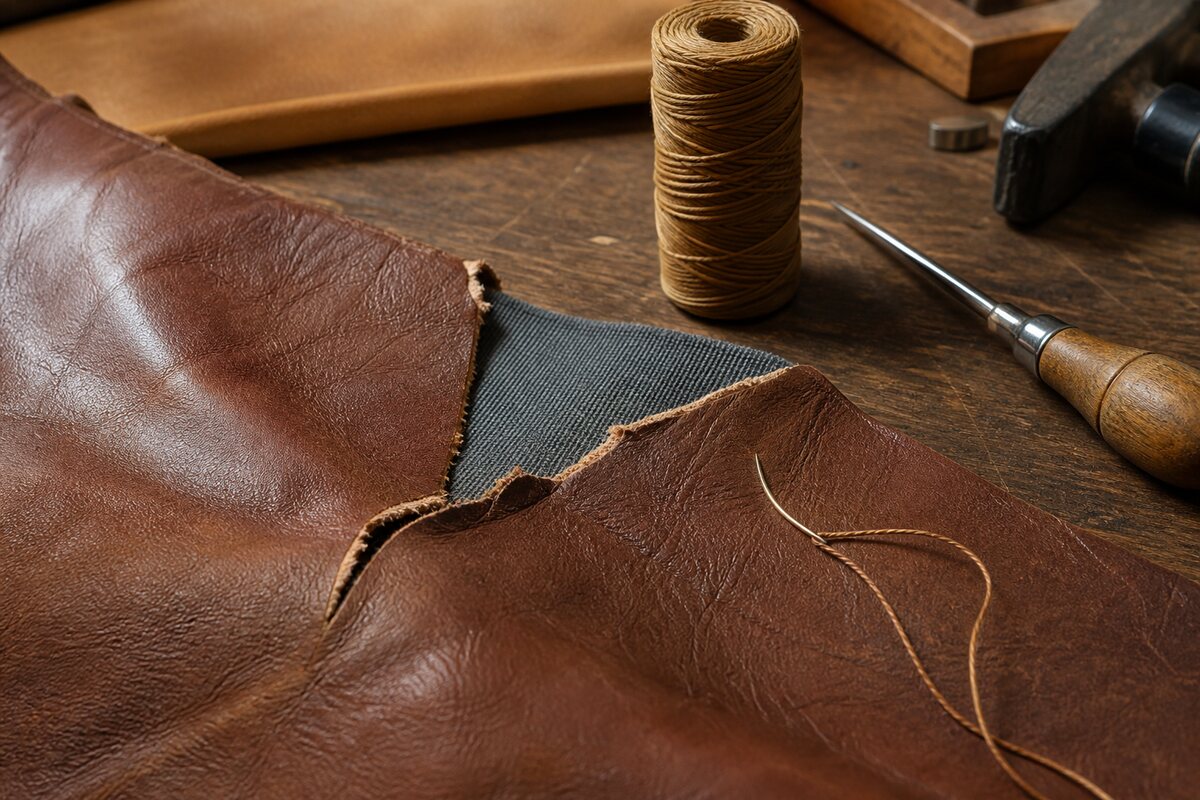 Airbrush, leather offcut, color samples and thread arranged on a professional recoloring bench