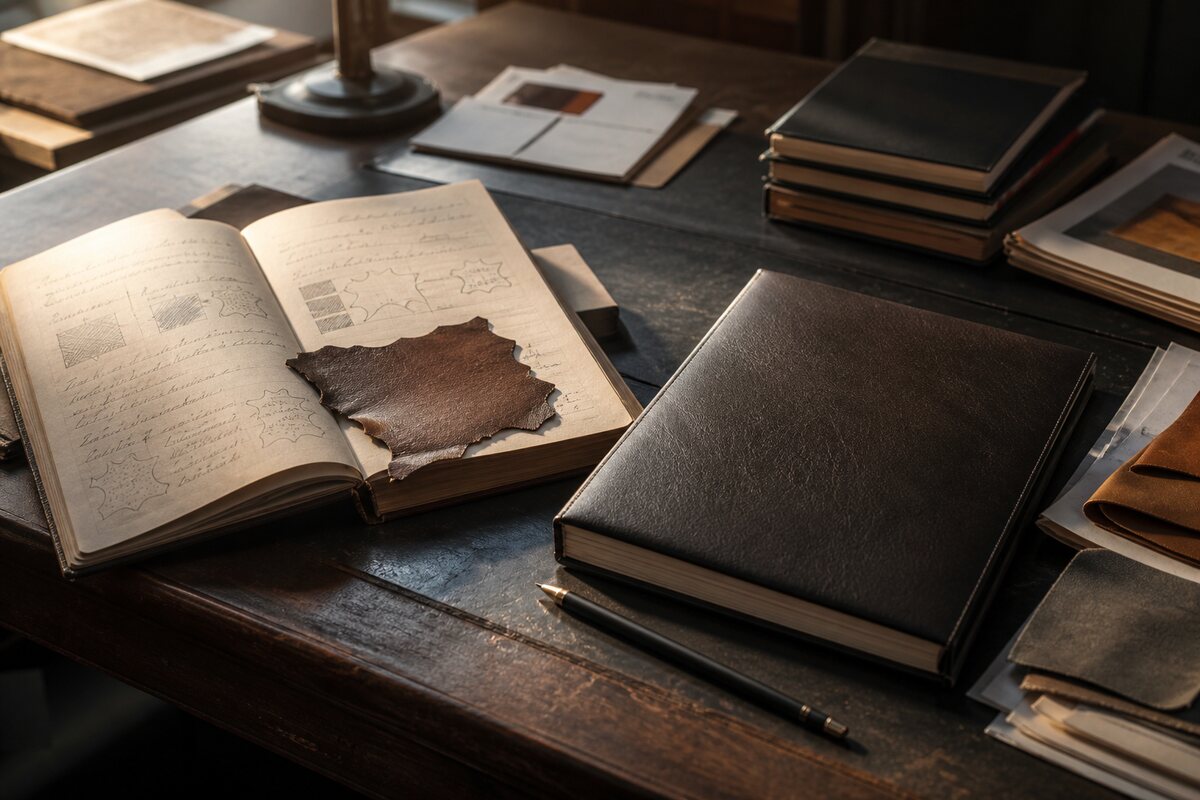 Leather samples, blank notebook and magnifying glass on a quiet reference desk