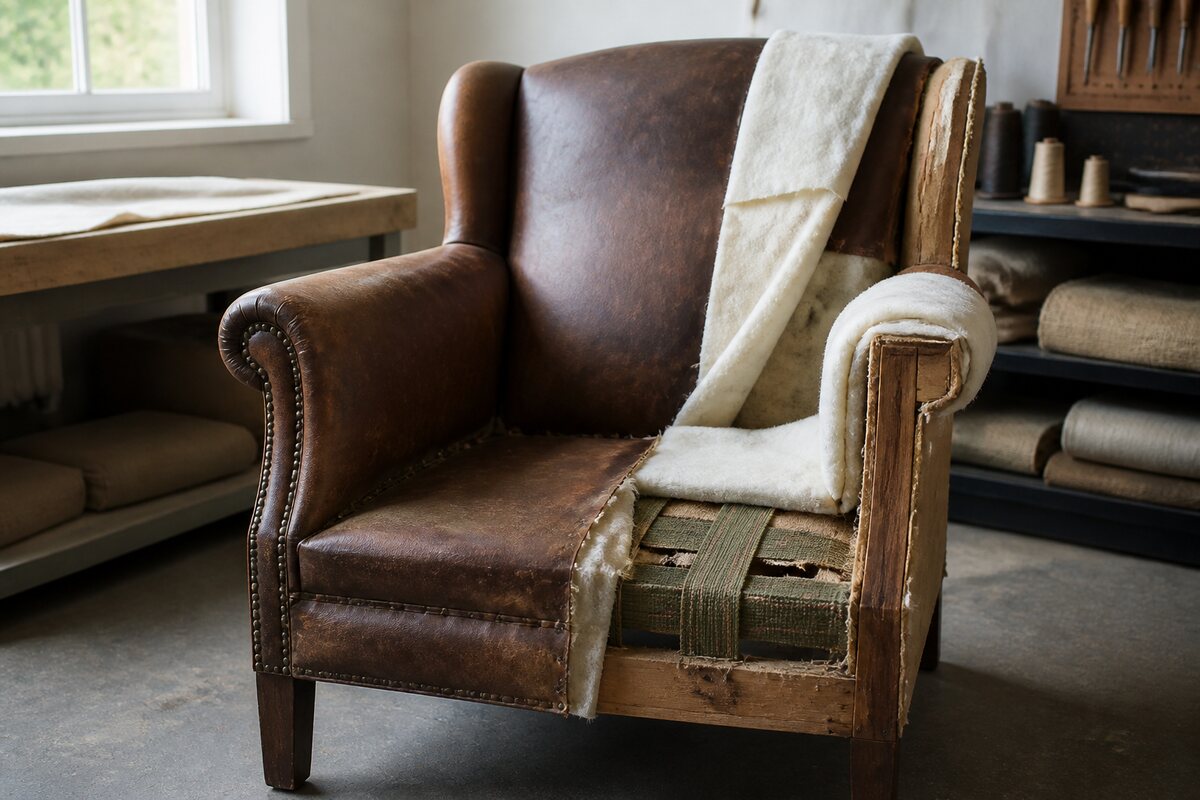 Traditional leather armchair opened at one side to reveal padding and upholstery structure