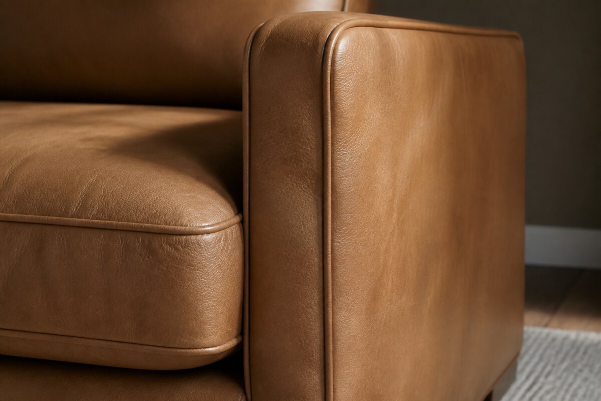 Close view of a tan sofa cushion and arm showing an even protected leather finish