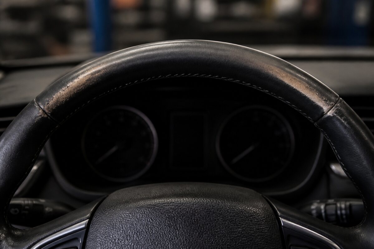 Close view of a black leather steering wheel with a worn glossy contact band