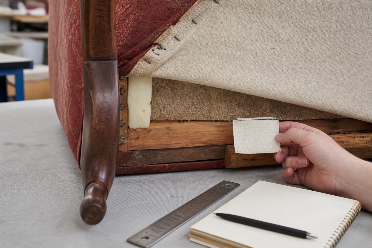 Armchair underside opened for documentation with filling layers, a blank permanent tag, ruler and notebook