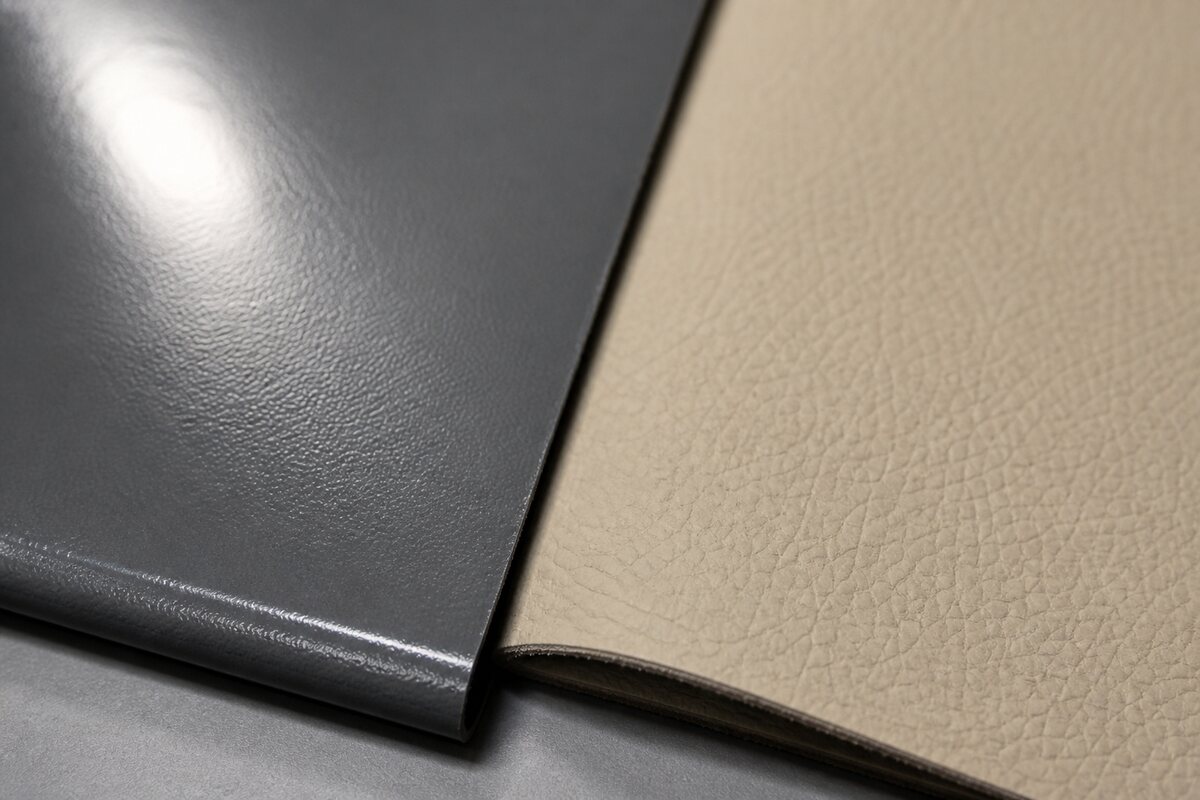Black coated vinyl sample beside beige corrected-grain leather with similar printed textures